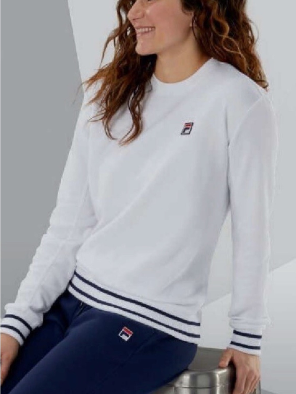 Fila White French Terry Crewneck Sweatshirt with Ribbed Stripe Banding Trim Smal